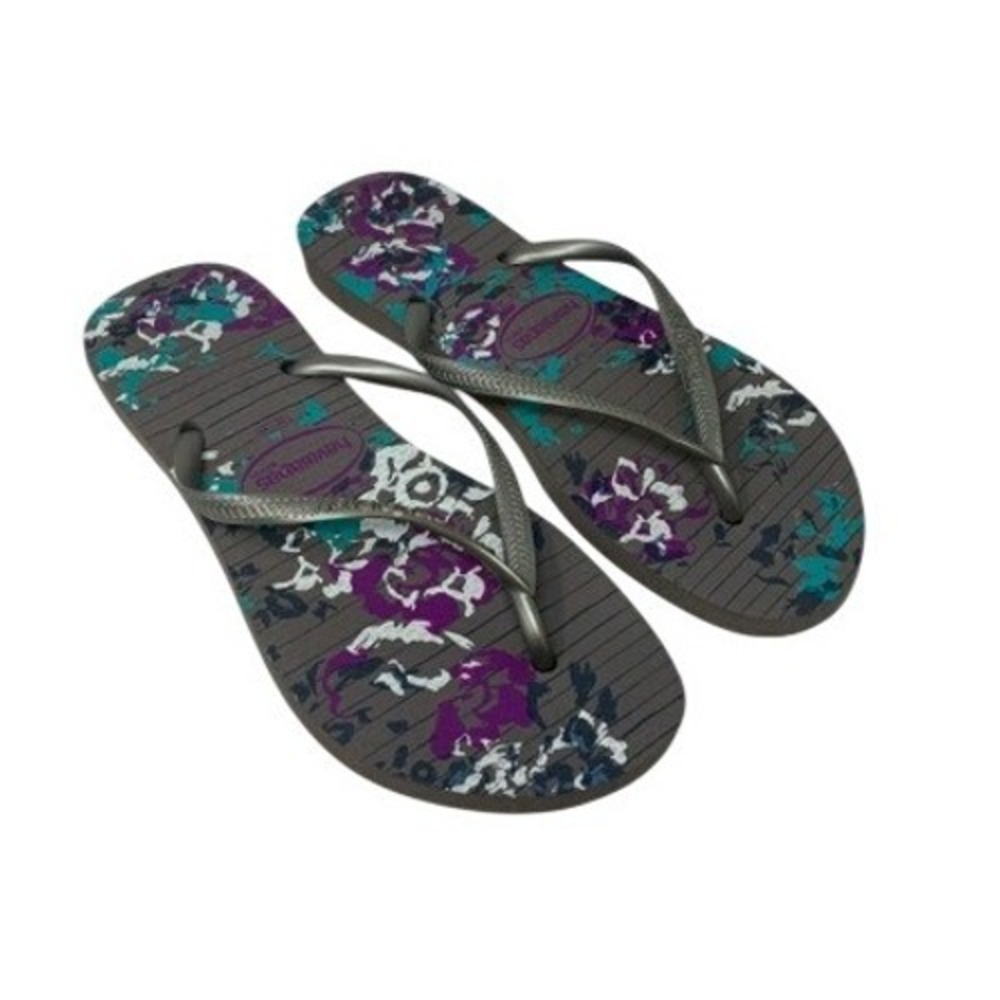 Havaianas Slim Flip Flops Women's US 7/8 EU 41/2 Silver Aqua & Purple Floral